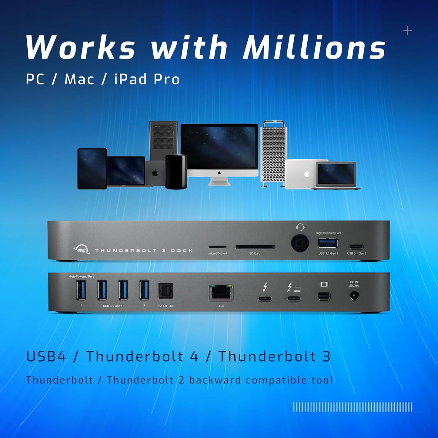 OWC 14-Port Thunderbolt Dock, 85W charging, (2) Thunderbolt 40 Gb/s (USB-C), (5) USB 3.2 Type-A, USB 3.2 (10Gb/s) Type-C, Mini DisplayPort, GbE, Audio, Single 5K or Dual 4K Displays, cable, For Mac/PC