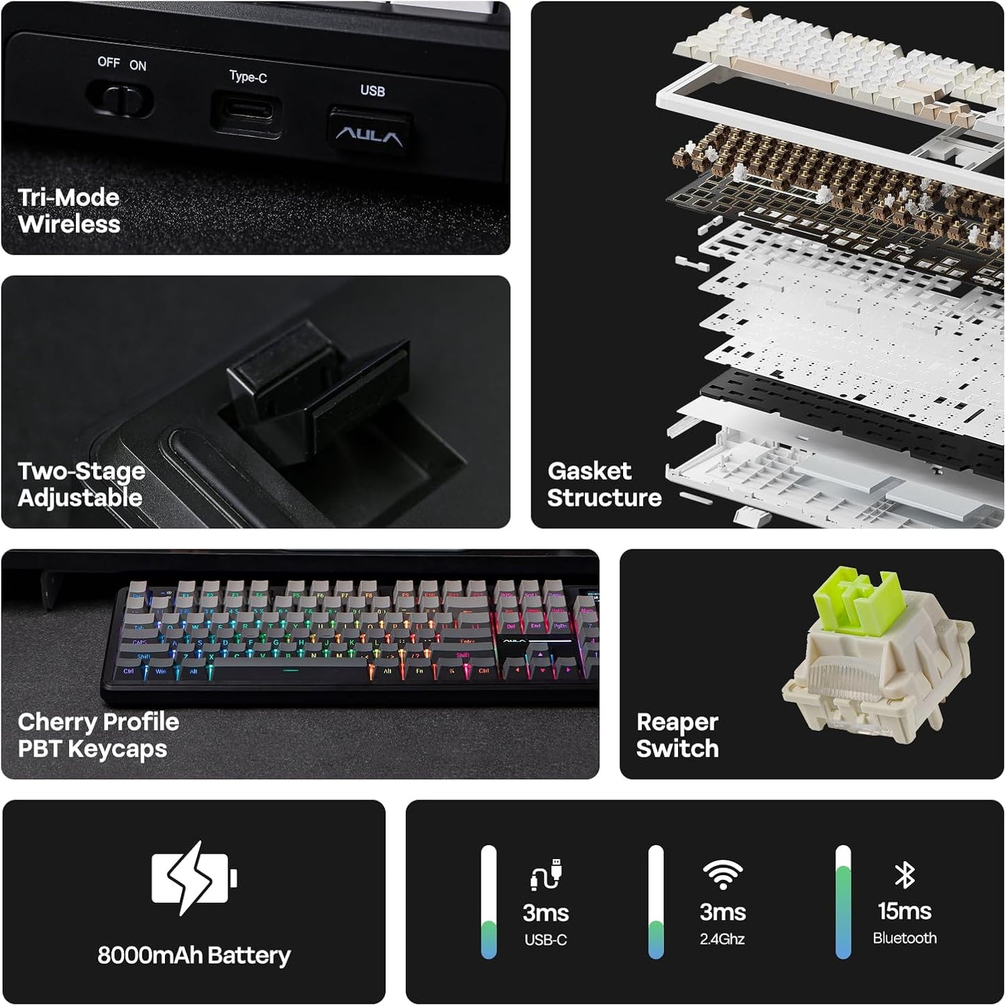 EPOMAKER X Aula F108 PRO Wireless Gaming Keyboard with Screen, 8000mAh Battery, 104 Hot-Swappable and Programmable Keys and Knob, RGB Backlight, for Mac/PC/Android (Black Gradient)