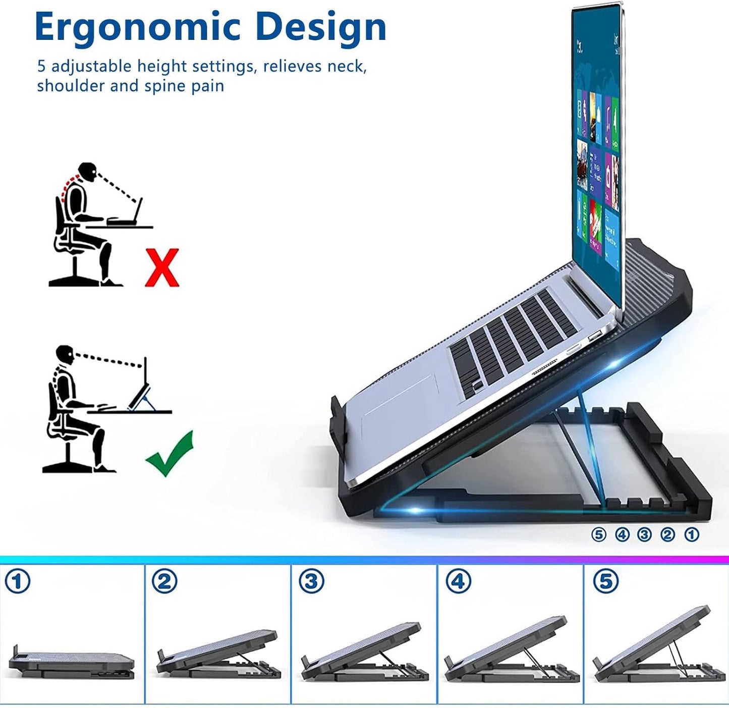 Adjustable Laptop Stand with 6 Quiet Cooling Fans, Upgraded Laptop Cooler Cooling Pad, Aluminum Laptop Stand for Desk Foldable, Ergonomic Computer Notebook Stand Holder for All Laptops and Notebook