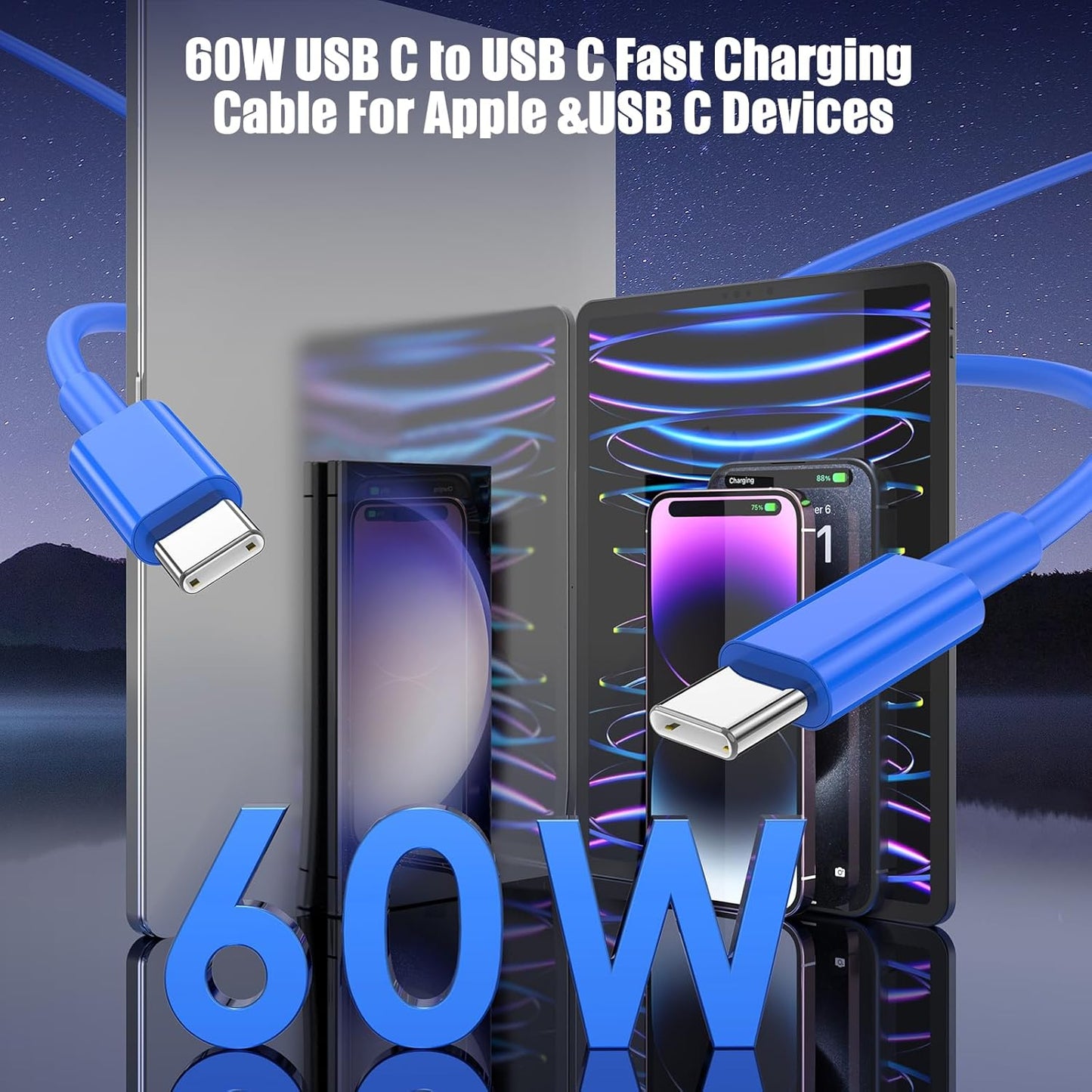 3-Pack Blue [3.3FT+6.6FT+10FT] 60W USB C to USB C Cable, Type C Fast Charging Cable for iPhone 16 15 Pro Plus Pro Max，for Galaxy S24 S23, for iPad Pro/Air, for MacBook Pro/Air and More