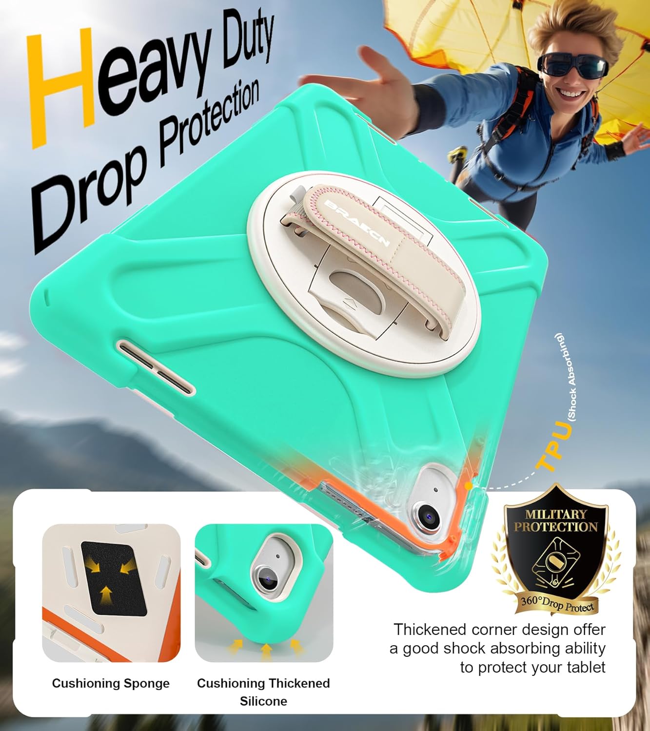 BRAECN for iPad (A16) 11th/10th Generation case 11/10.9 inch 2025/2022 Heavy Duty Shockproof Protective with Pencil Holder Screen Protector 360°Rotating Stand Handle & Shoulder Strap Full Body Cover