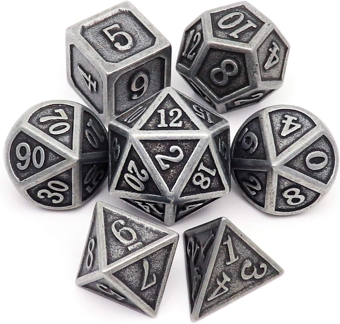 Haxtec Antique Iron Metal DND Dice Set Silver D&D Polyhedral Dice W/PU Leather Dice Bag Compatible with Dungeons and Dragons Gift TTRPG
