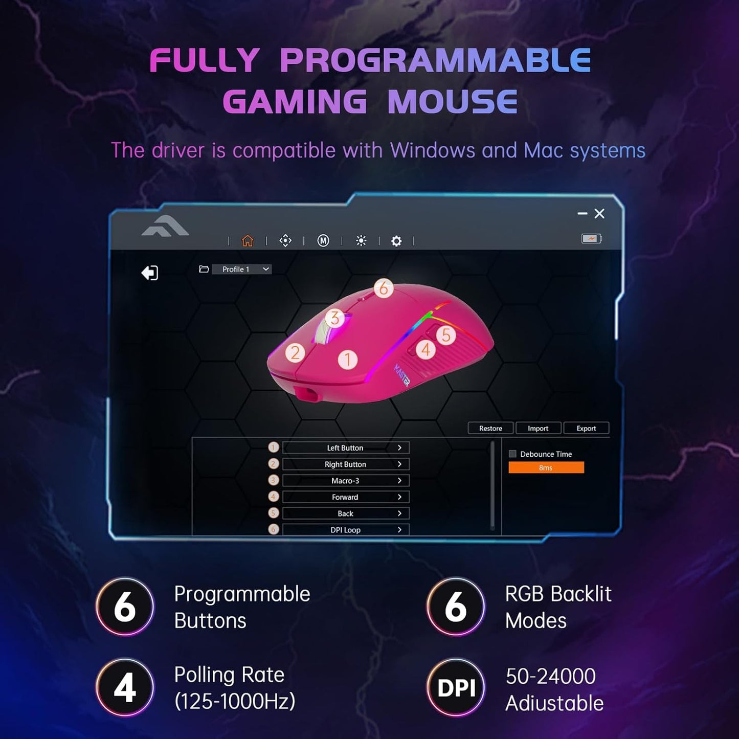 FFJ Wireless Gaming Mouse, 24000 DPI, Tri-Mode 2.4G/USB-C/Bluetooth 5.3 Gaming Mouse Wireless, RGB Programmable Mouse Gamer, 75Hrs Battery Life, Rechargeable Gaming Mice for PC, Mac, PS5, Xbox-Magenta