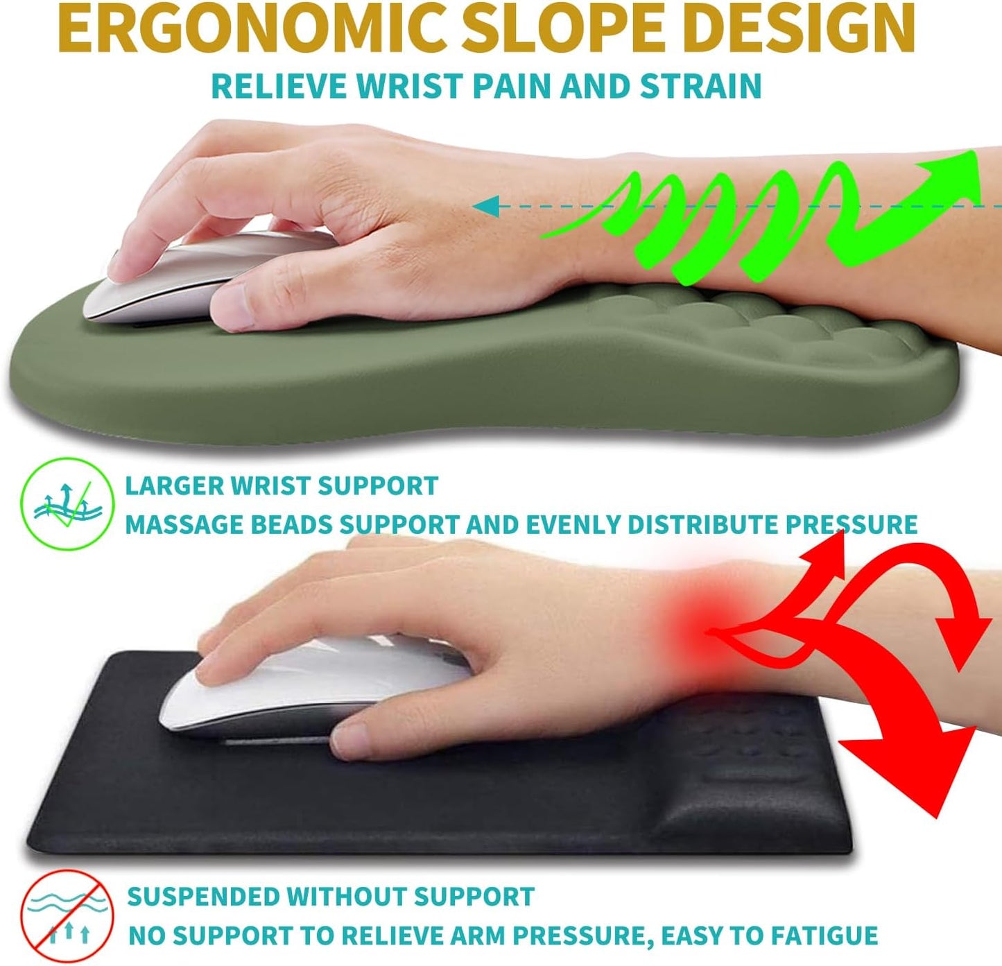 Hokafenle 2 in 1 Ergonomic Mouse Pad Wrist Support & Wrist Rest for Computer Keyboard Set, with Relieve Carpal Tunnel Pain Massage Bulge and Full Memory Gel Design (2In1 Set, Dark Green)