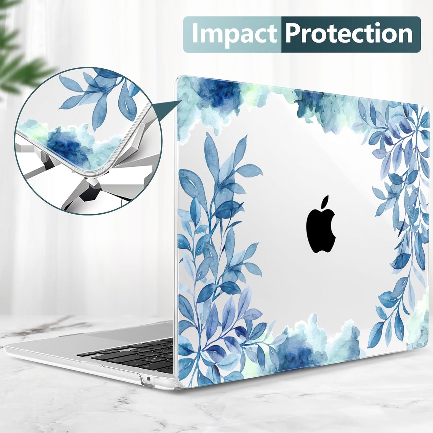 TWOLSKOO Compatible with M4 MacBook Air 15 inch Case 2025-2023 Released Model M4 A3241 M3 A3114 M2 A2941, Plastic Hard Shell & Screen Protector & Keyboard Cover & Trackpad Film, Blue Floral