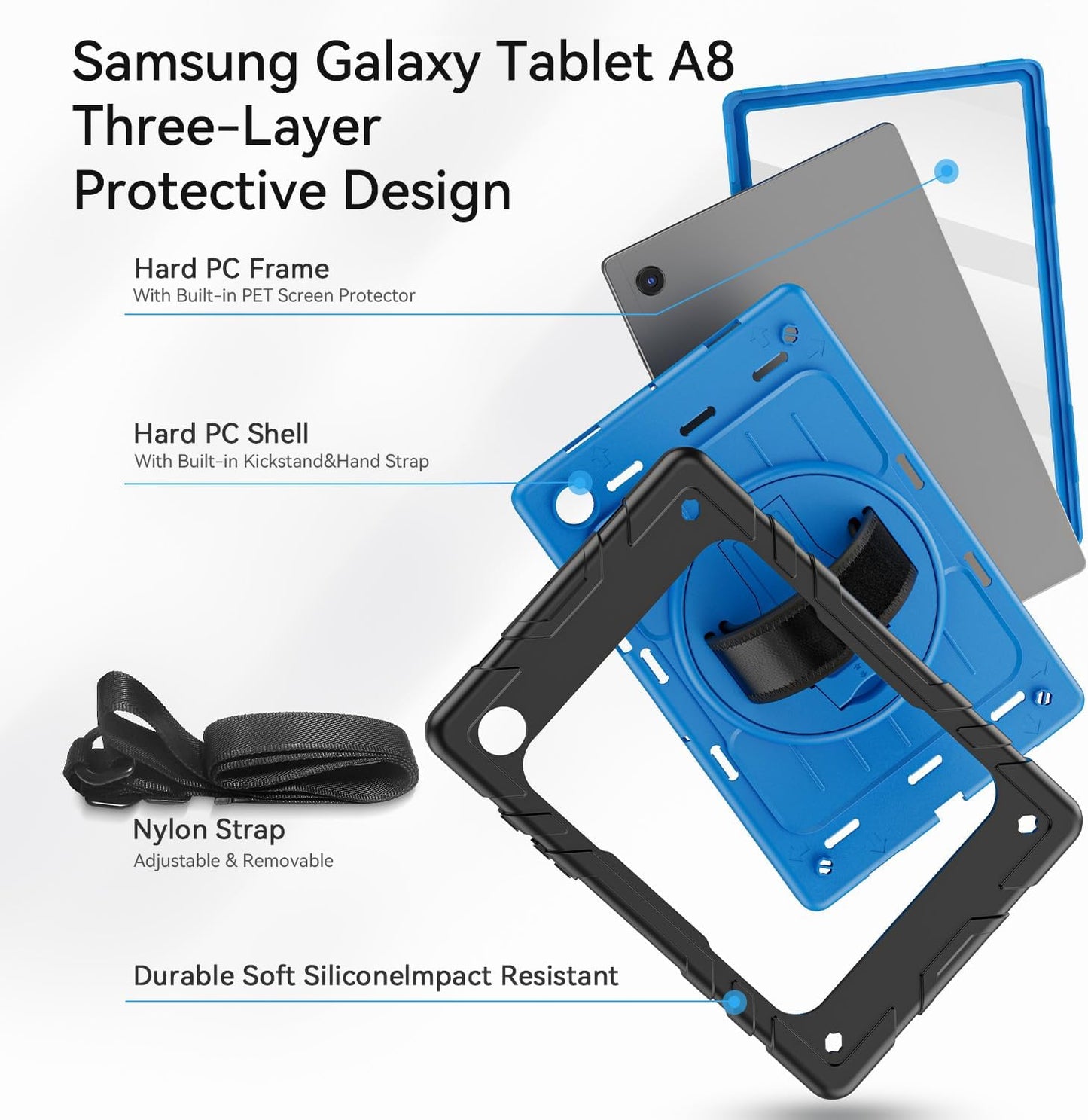 for Samsung Galaxy Tablet A8 Case 10.5 inch 2022 SM-X200/X205/X207 with Screen Protector [360 Rotating Stand] &Hand Shoulder Strap Shockproof Rugged Protective Cover|Black&Blue