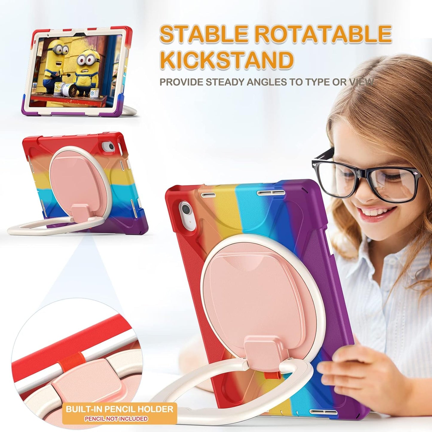 BRAECN Case for iPad (A16) 11th/10th Generation 11”/10.9'' 2025/2022-Heavy Duty Silicone Cover with Pencil Holder/Swivel Ring Stand/Screen Protector/Handle Grip/Kickstand/Shoulder Strap, Colorful Red