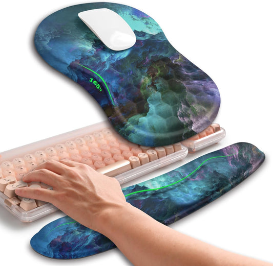 Hokafenle 2in1 Combination, Wave Keyboard Wrist Rest and Ergonomic Curvature Mouse Pad Wrist Support for Relieve Wrist Pain, Filled with Soft Cushion Memory Foam, Nebula Dreamland