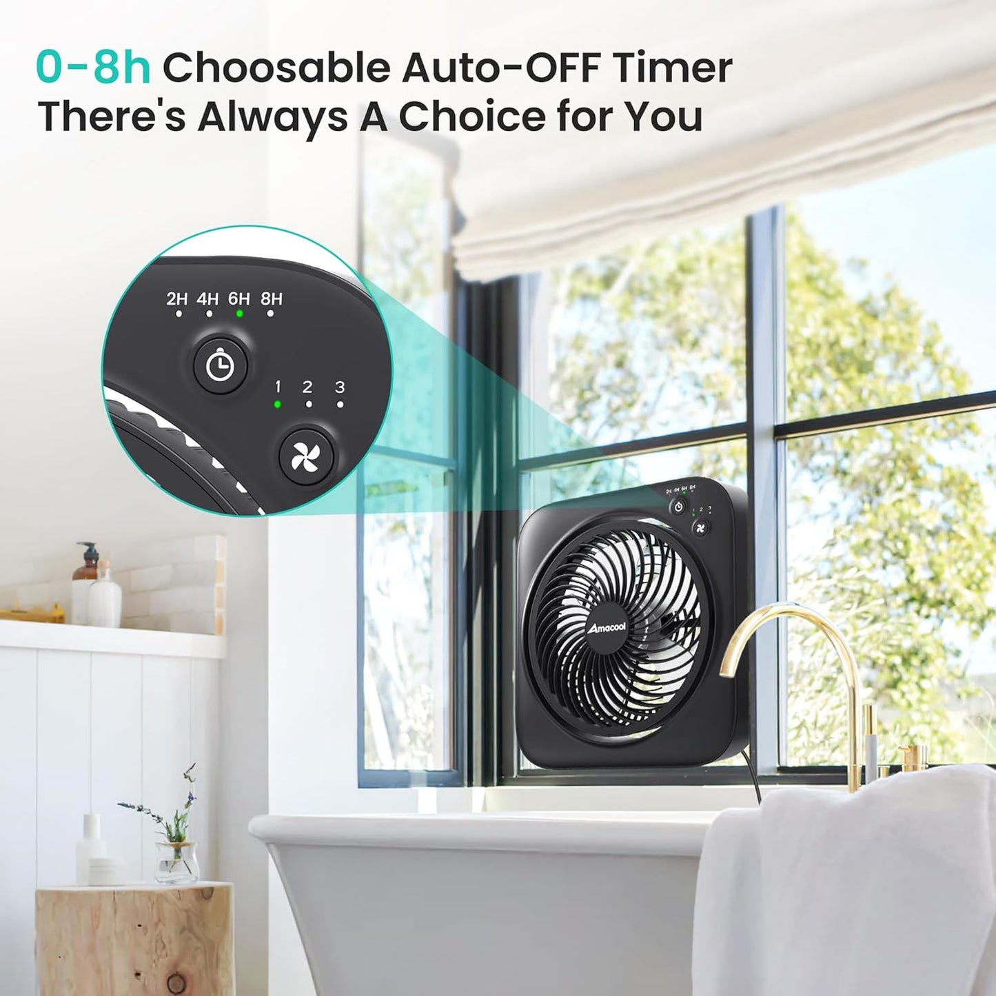 AMACOOL Table Fan, 12 inch Box Fan with 3 Adjustable Speeds & 8HRS Timer, 270° Pivoting Quiet Air Circulator, Desktop Fan for Bedroom Bathroom Kitchen Office, AC Adapter Included-Black