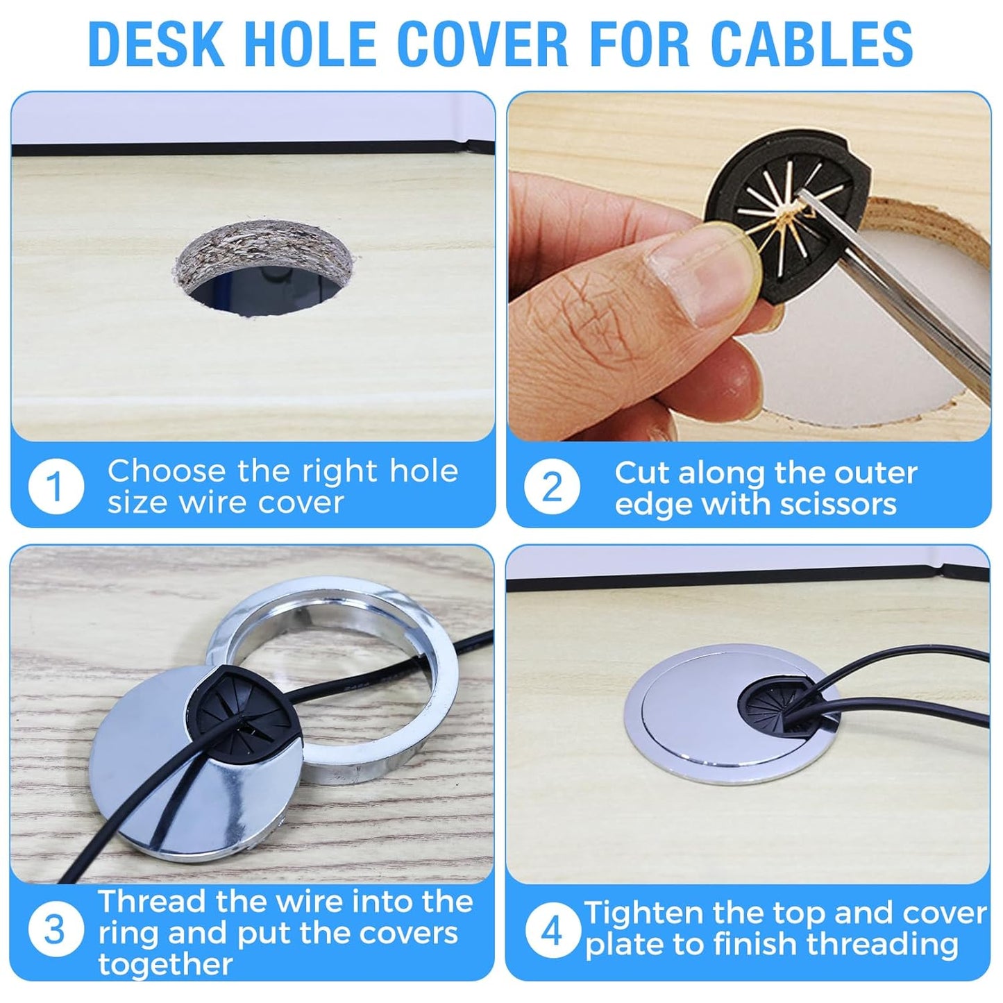 Desk Grommet 2-3/8" (60 mm), Desk Cord Hole Cover, Cable Grommet Metal Zinc Alloy Materilal, Desk Hole Grommet for Office and Home Table Cable, Detachable Cable Cord Organizer (Flat Black 1 Pcs)