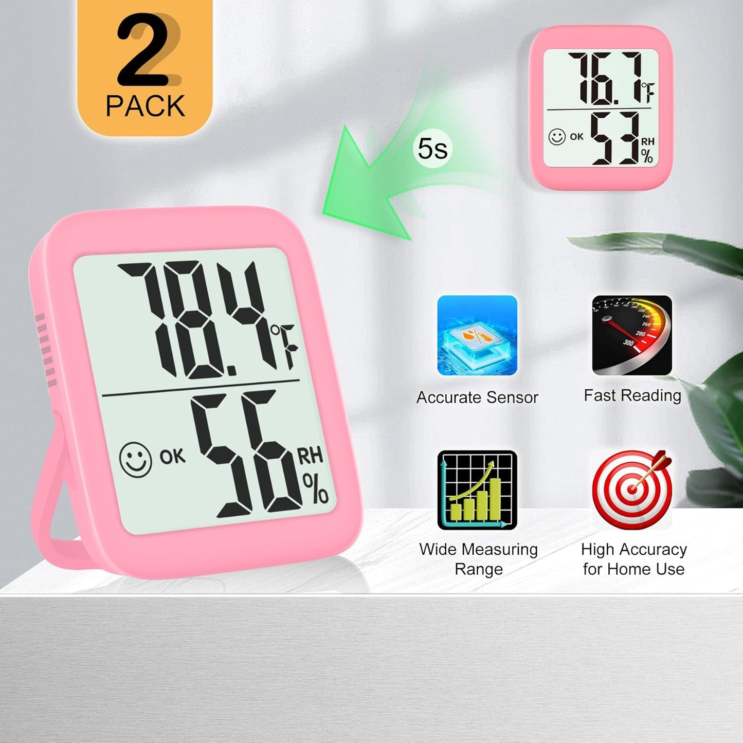 Antonki 2 Pack Room Thermometer for Home, Indoor Hygrometer Humidity Meter Gauge, Digital Temperature and Humidity Sensor Monitor for House, Terrarium, Incubator, Greenhouse - Battery Included