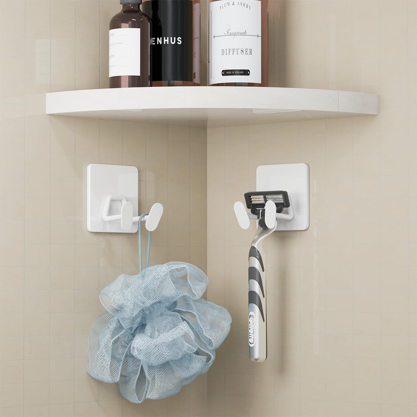 Adhesive Shower Hooks for Inside - Extra Sticky Stainless, Razor Holder Shower Accessories, Wall Mounted Self-Adhesive Double Hooks for Razor, Loofah, Towel, Shaver, Coat, Key, White, 4 Pack