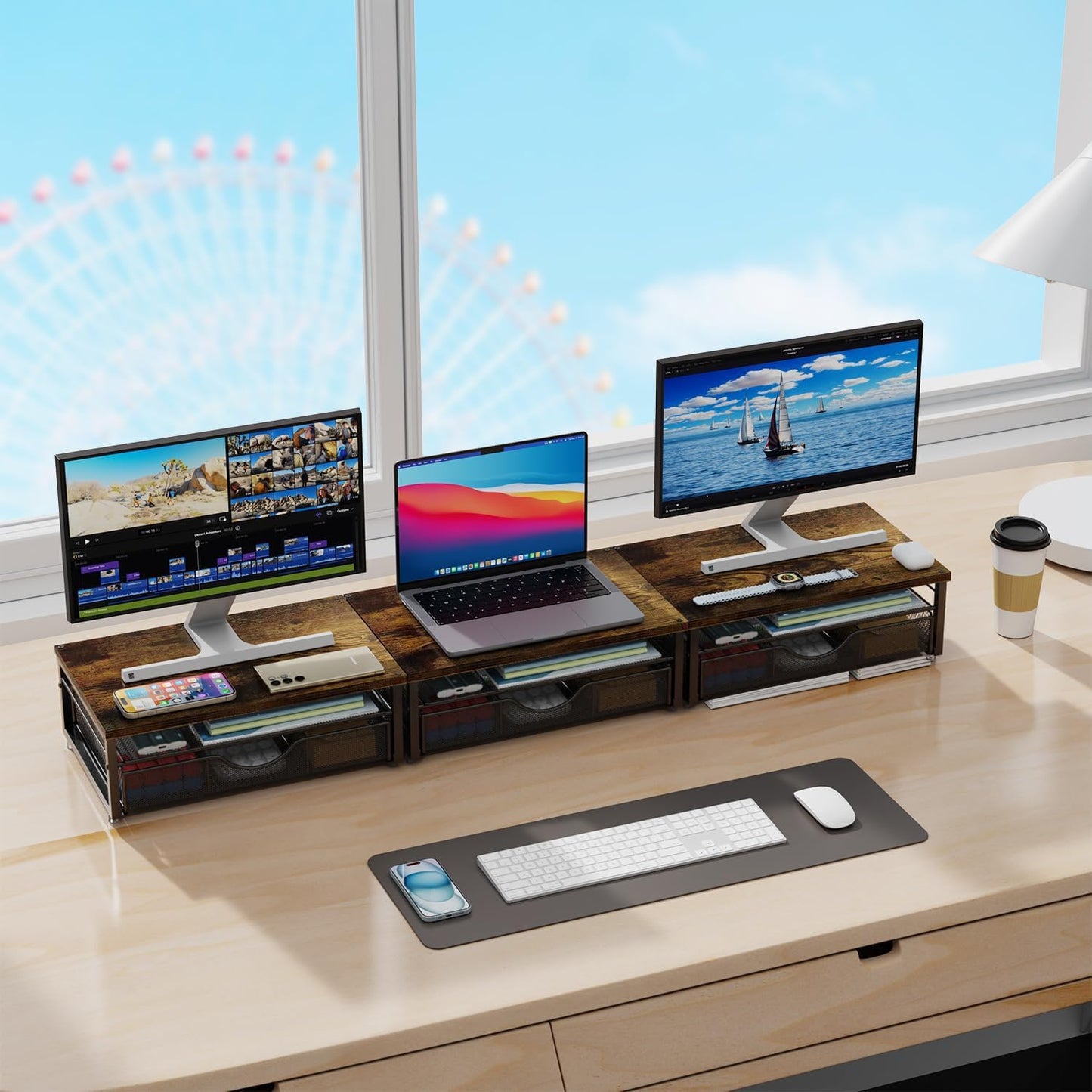 gianotter Computer Monitor Stand Riser, office organizer with Drawer, Office Organizers Storage for Classroom Office Supplies (Wood)