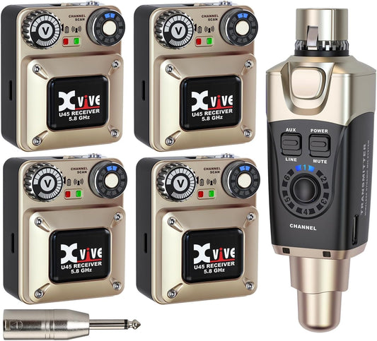 Xvive U45R4 Wireless in Ear Monitor System 5.8ghz IEM System 1 Transmitter and 4 Bodypack Receiver for Studio, Band Rehearsal, Live Performance, Channel Scan Mode