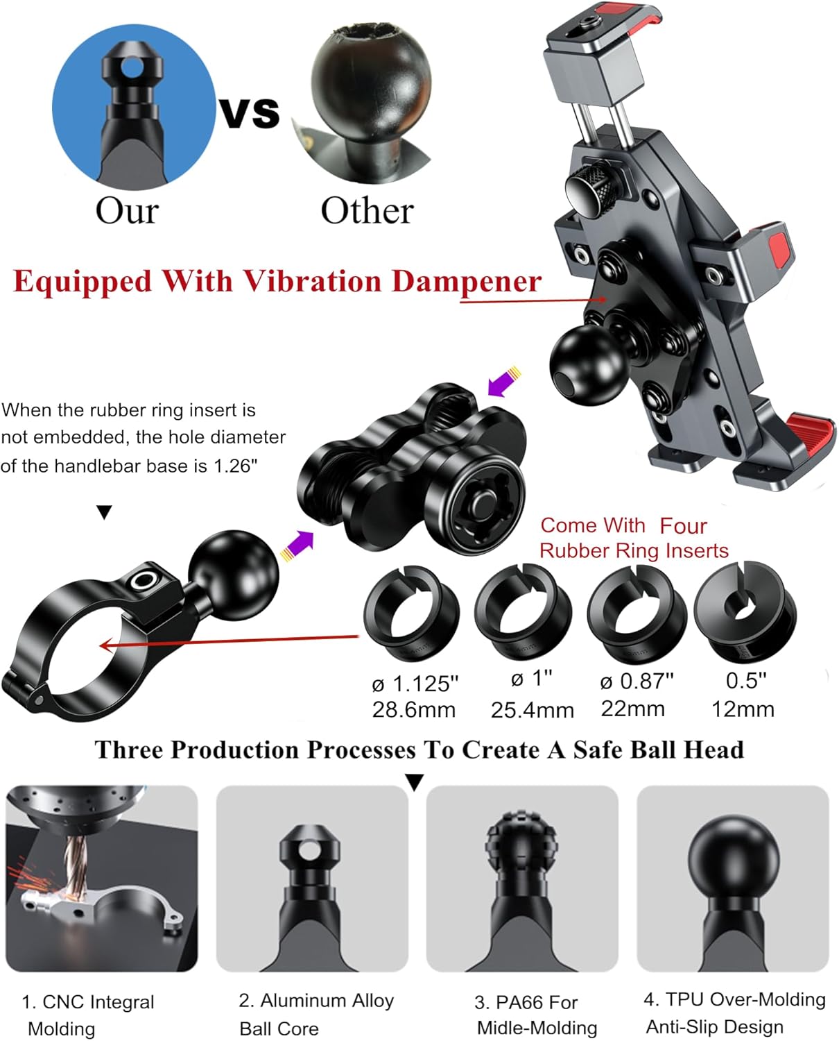 BRCOVAN Aluminum Alloy Motorcycle Phone Mount with Vibration Dampener & High-Speed Secure Lock, Anti-Theft Handlebar Cellphone Holder for Motorcycle Bike Bicycle Scooter ATV, for 4.7-7.2'' Smartphone