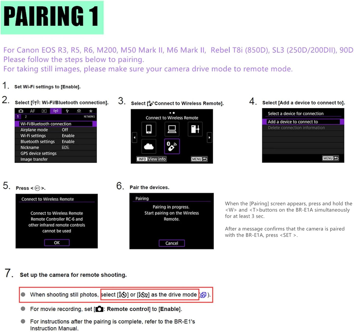 Wireless Camera Remote Shutter Release for Canon R3/ R7/ R10/ M50/ EOS M6 Mark II/R/RP /90D /6D Mark II /R5/ R6 /800D /850D /250D/Rebel SL2 /T7i /G5 X Mark II /G7 X Mark III, Replace Canon BR-E1