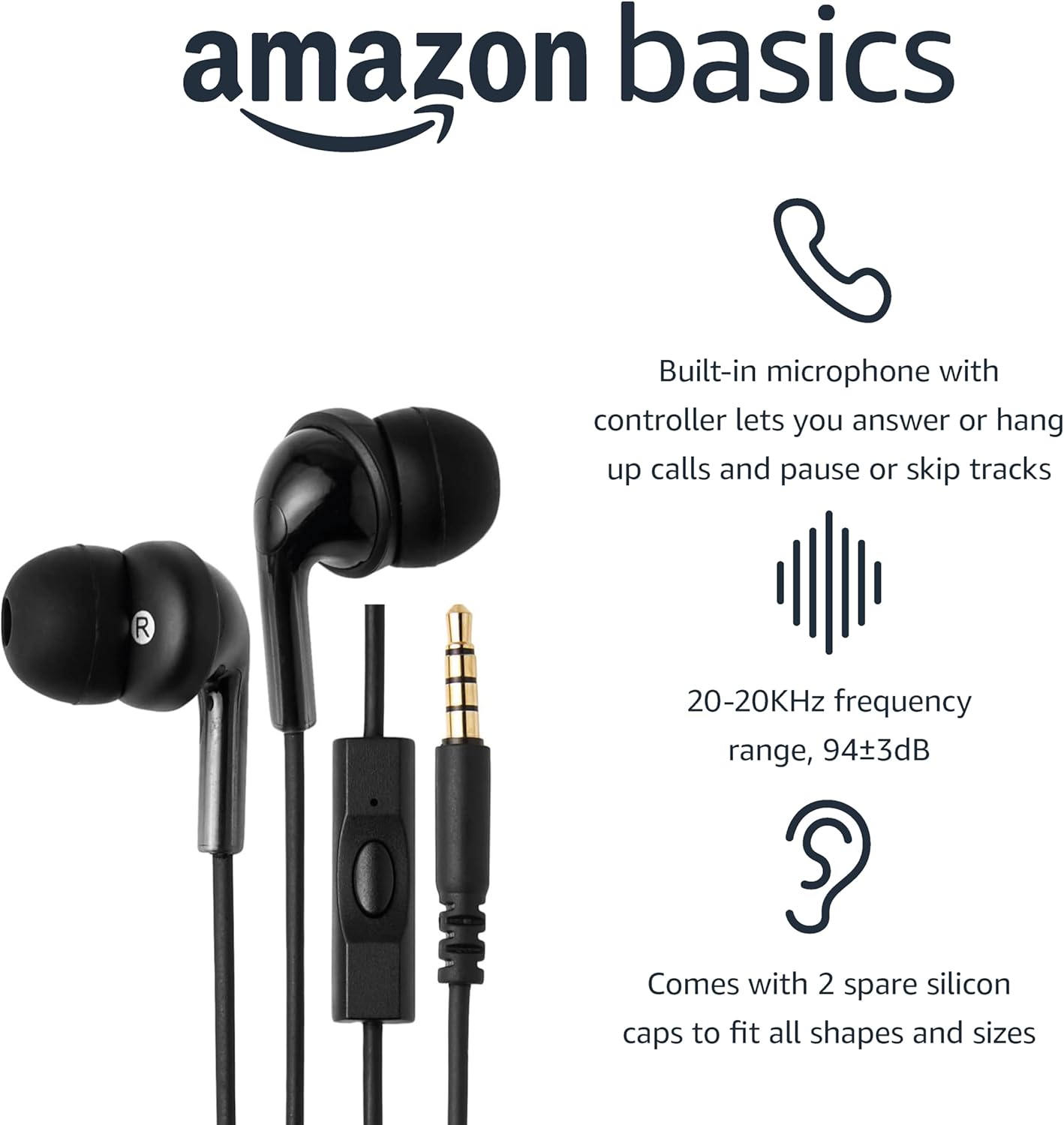 Amazon Basics Wired Earbuds with Microphone, In Ear Headphones, 3.5mm Jack, 4.2 ft long cable, S/M/L Ear Tips, Black