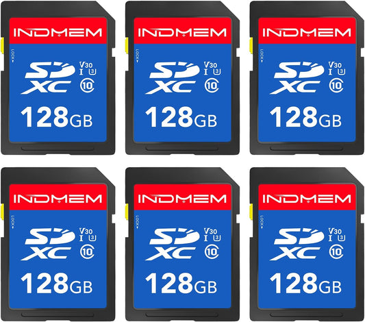 INDMEM SD Card 128GB 6-Pack, Class 10 128GB High Speed up to 90M/S Full HD Video Flash Memory Card MLC Standard Secure Digital Cards Camera Cards