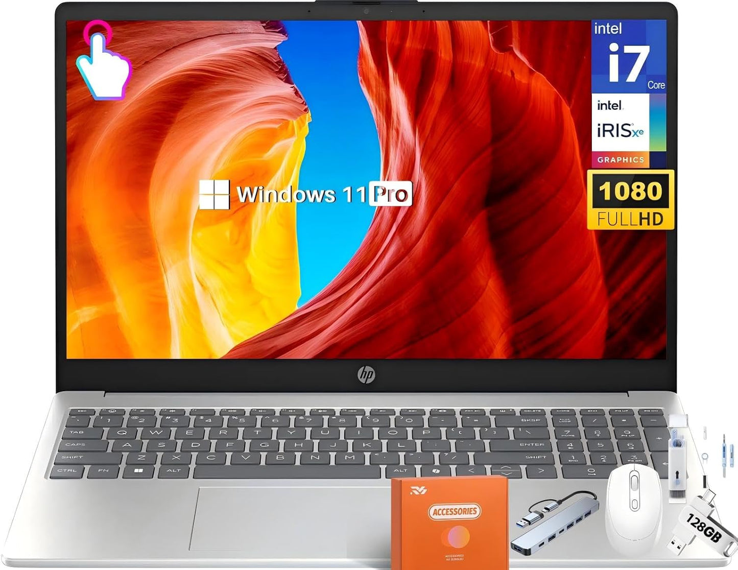 HP 15.6 Touchscreen Laptop Computer for Business, Intel 13th Gen i7-1355U(Up to 5.0 GHz), 15.6" FHD Touch Screen, 32 GB RAM, 2 TB SSD, Iris Xe GPU, Wi-Fi 6, HD Webcam, Windows 11 Pro, w/Accessories