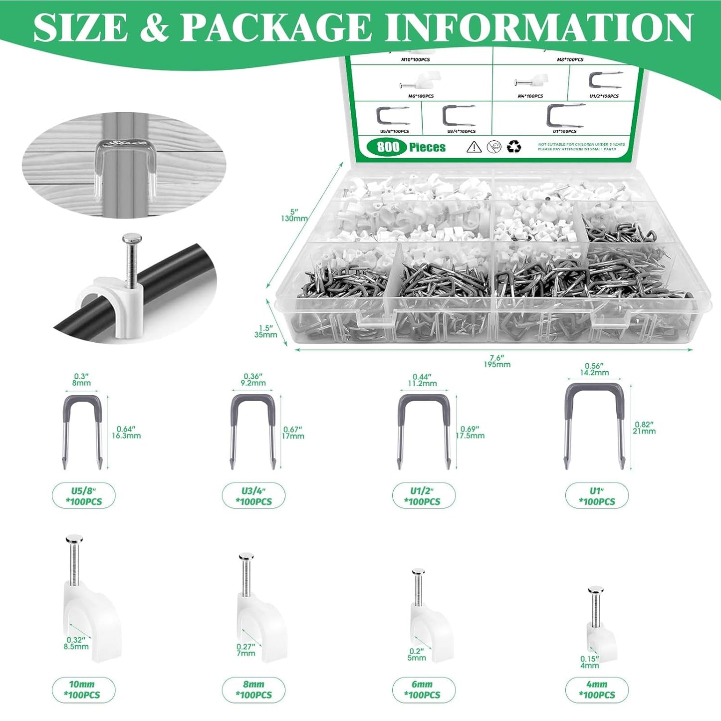 800Pcs 4mm 6mm 8mm 10mm J-Hook Ethernet Cable Nails Wire Clips with Steel Nails and 5/8" 3/4" 1/2" 1" Insulated U Staple Nail for Home Office Business