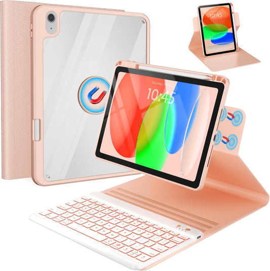 BLUTLOTUS for iPad 11th (A16) 10th Generation Case with Keyboard (2025/2022) - 360° Rotatable Magnetic Folio Cover, 7 Color Backlit Detachable Keyboard with Pencil Holder (Rose Gold)