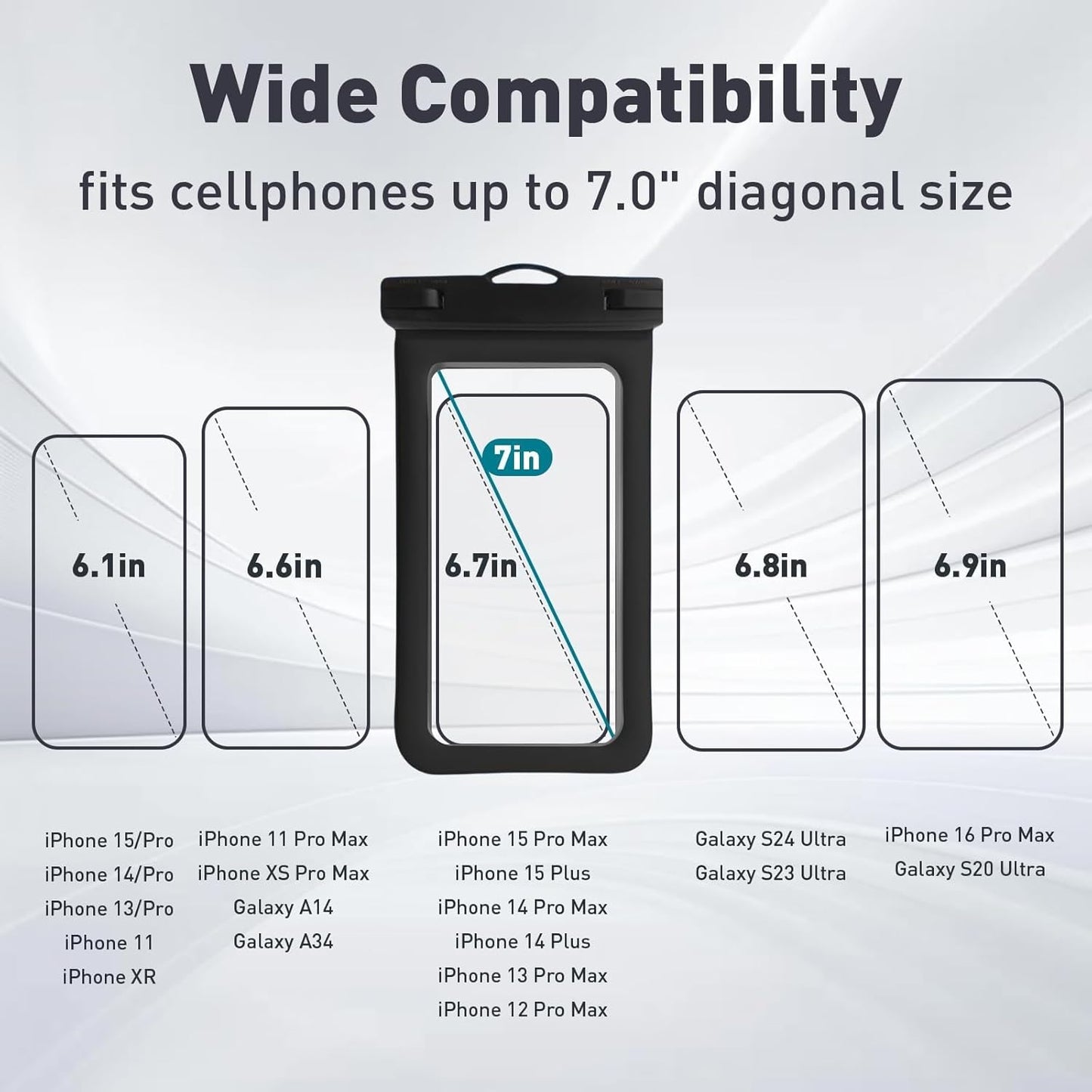 Floatable Waterproof Phone Pouch/Case with Crossbody Lanyard for iPhone 16 Pro Max/15 Pro/14/13/12, IP68 Cellphone Dry Bag Beach Cruise Ship Essentials, 1 Pack-Black-7″