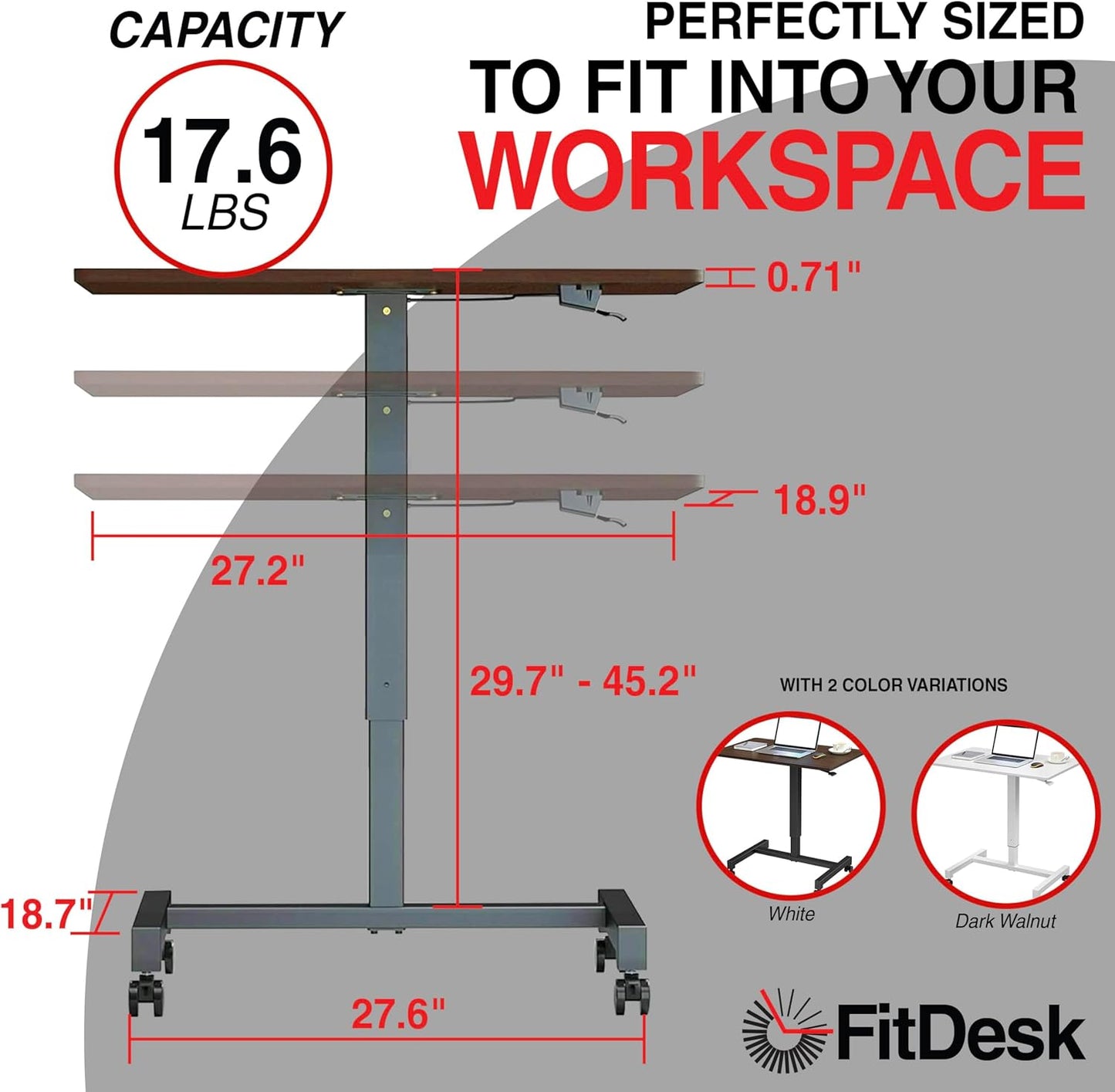 FitDesk Portable Laptop Desk, Rolling Standing Workstation Adjustable Height, Compact Standing Table with Large Surface, Small Stand Desk for Home Office, 30 lb Weight Limit – Walnut, 27" Tabletop