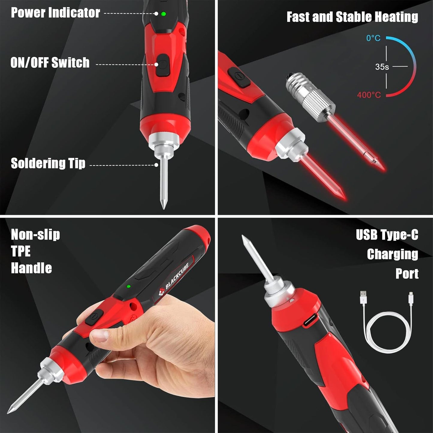 BLACKCUBE Cordless Soldering Iron Kit - Portable 2000mAh USB Rechargeable Soldering Iron Tools with LED Spotlight Max 878℉ Fast Heating 4V Lithium-Ion Battery
