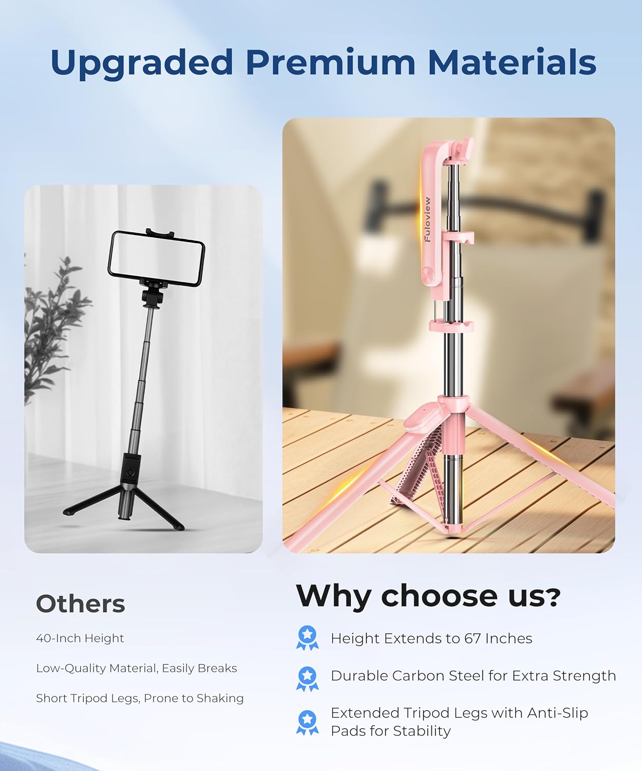 67‘’ Selfie Stick Tripod, Phone Tripod with Wireless Remote Control, Portable Selfie Stick for Photograph, Live Streaming, Video Recording, Compatible with All Cell Phones, Pink