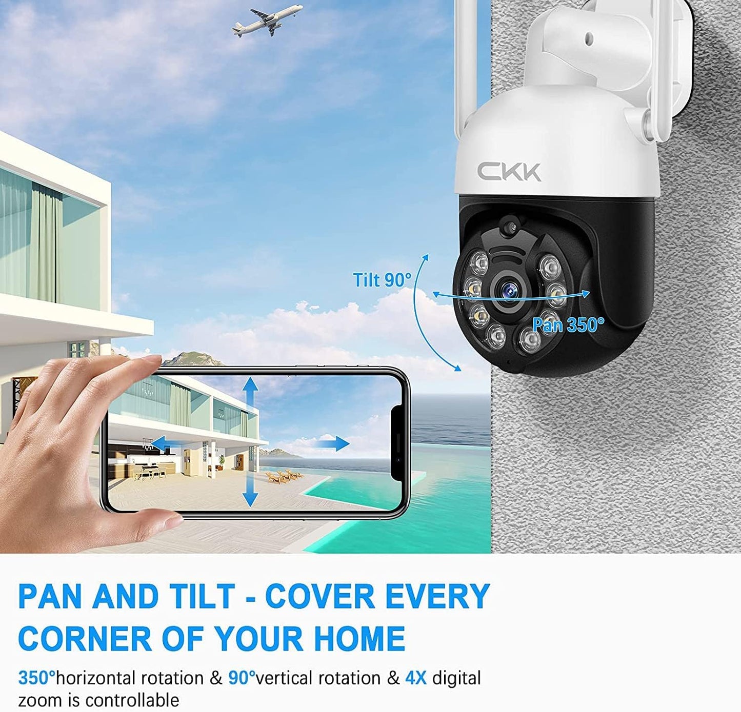 3MP PTZ CKK Cameras, 4pcs Wireless Security Camera System Outdoor with 1TB Hard Drive, 8 Channel 3MP WiFi Surveillance NVR System, 2 Way Audio, Floodlights & Siren Alarm,AI Human Detection