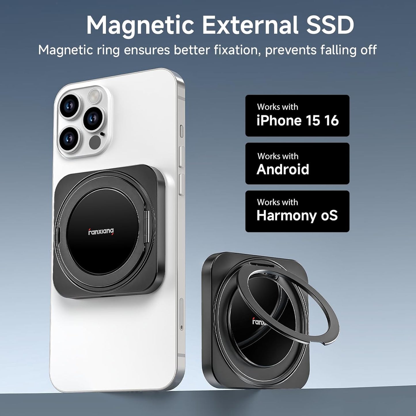 fanxiang 500GB Magnetic Portable SSD with 360° Rotating Stand, Up to 2000MB/s, USB-C 3.2 Gen 2x2 External Solid State Drive,Compatible with iPhone 15/16, Android,Mac, PC, and Tablets