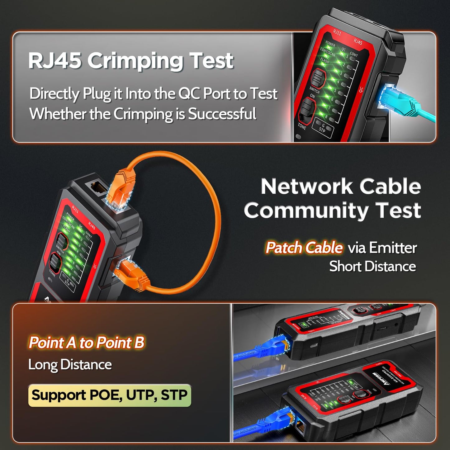 AMPCOM Wire Tracker & Network Cable Tester with PoE Detection, NCV Voltage Detection, RJ45/RJ11 Line Tracer, Type-C Rechargeable, LED Light, for LAN/Ethernet/Telephone Continuity Testing