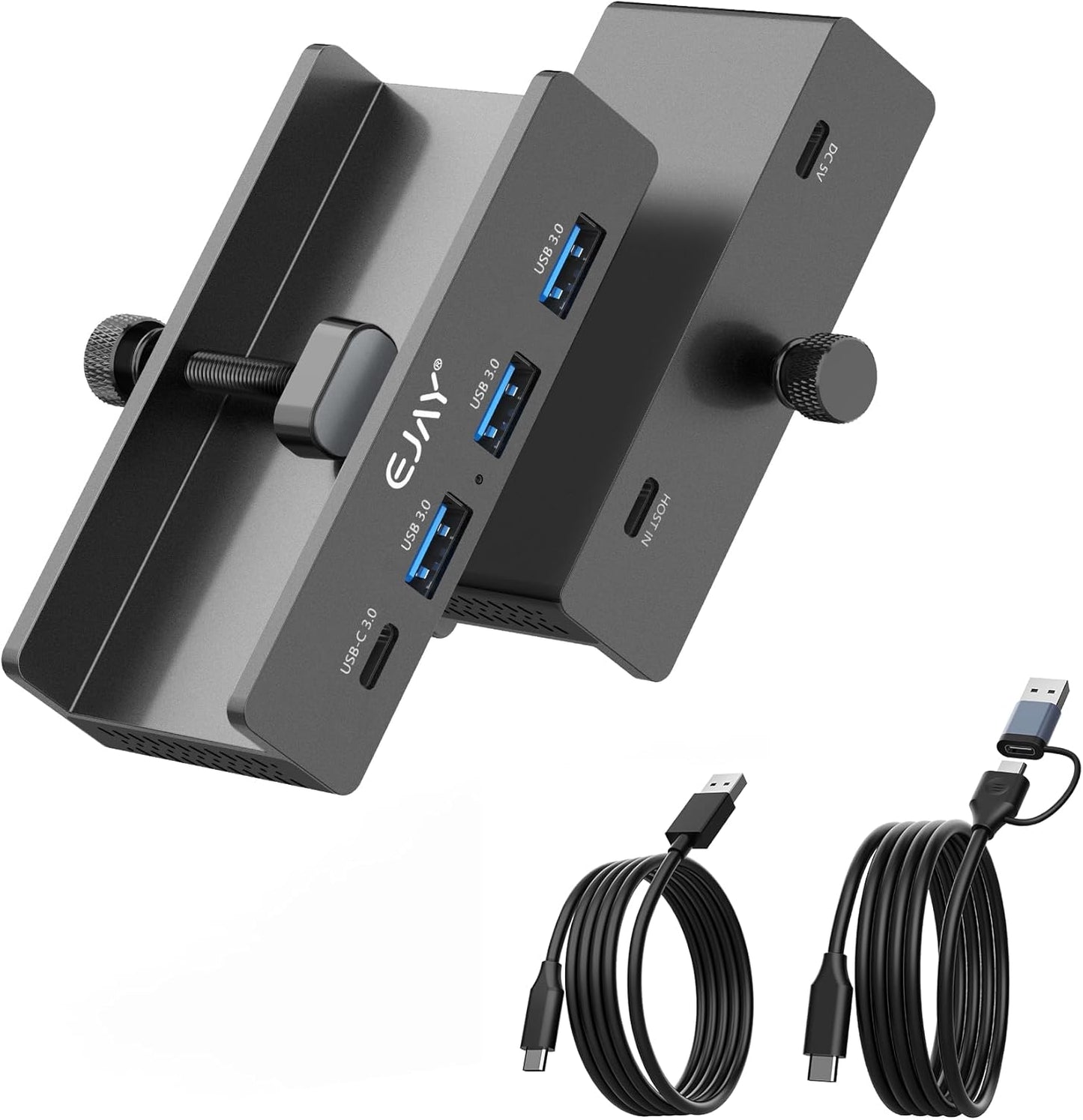 EJAY Mountable 4Ports USB3.0 HUB Alu Desktop Clamp Type C USB3.0 Splitter for Desk/Monitors with Extra Power Supply Port,59inches Data & 39inches Power Cables-5Gbps(3A1C) (JK-3A1C-BK)