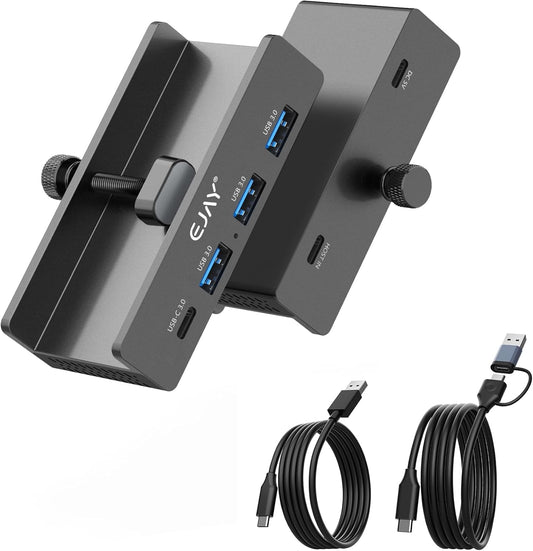 EJAY Mountable 4Ports USB3.0 HUB Alu Desktop Clamp Type C USB3.0 Splitter for Desk/Monitors with Extra Power Supply Port,59inches Data & 39inches Power Cables-5Gbps(3A1C) (JK-3A1C-BK)