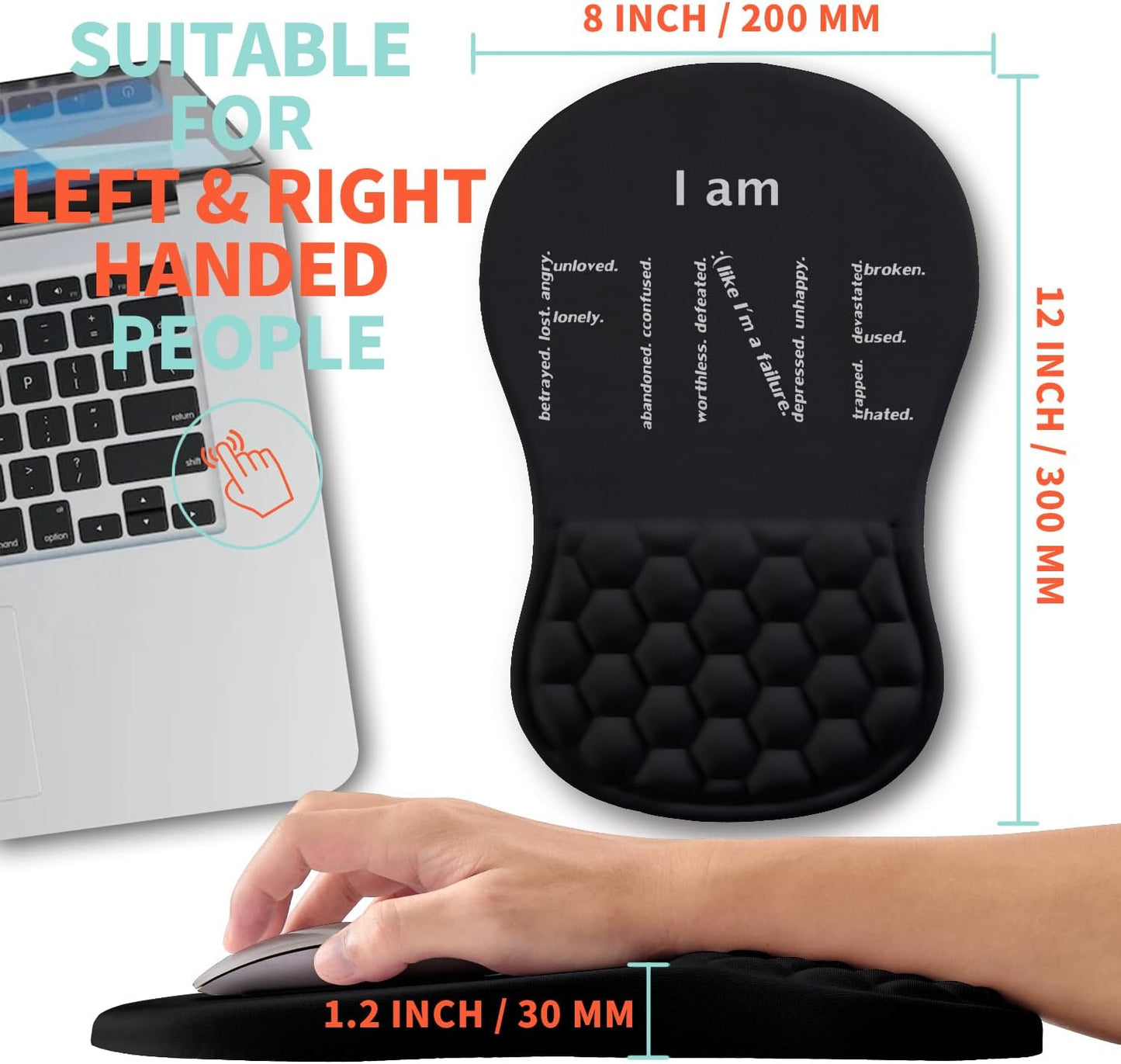 Ergonomic Mouse Pad Wrist Support with Memory Foam Massage Bulge, Carpal Tunnel Pain Relief Mousepad Wrist Rest for Mouse(12x8 inch, I Am Fine)