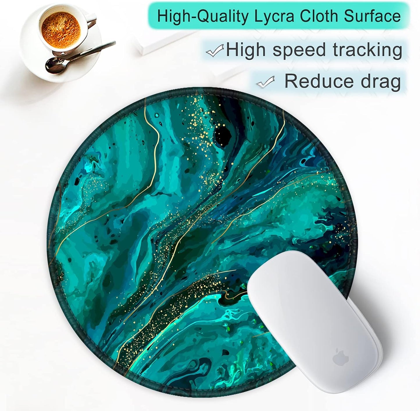ITNRSIIET Round Mouse Pad with Stitched Edge Premium-Textured Waterproof Non-Slip Rubber Base Desktop Protection Mat Diameter 8.7 inches, Green Marble