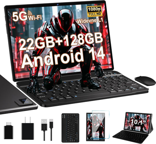 Android Tablet with Keyboard, 10 inch Android 14 Tablets 22GB+128GB, Octa-Core CPU, 8000mAh, HD IPS Display, 5G WiFi, BT 5.0, GPS, Widevine L1, 1TB Expandable, Mouse, Split Screen, Metal Body -Black