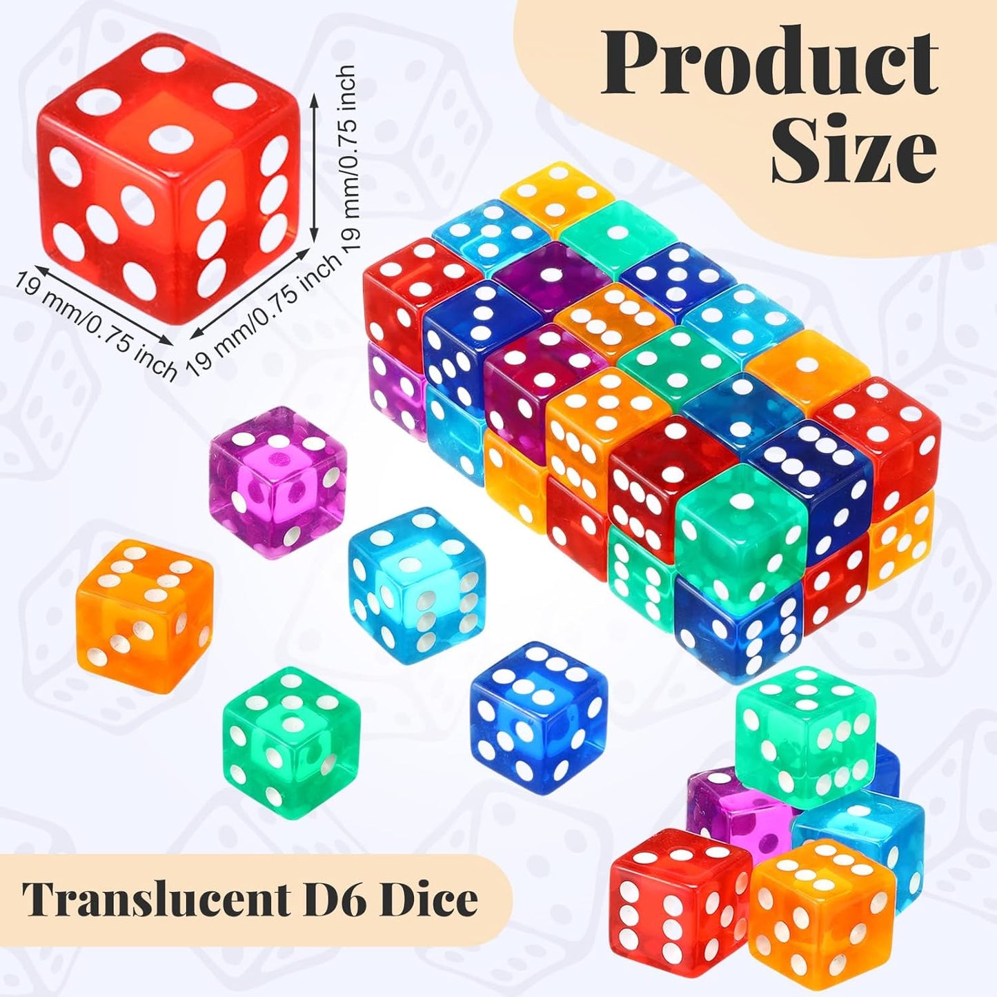 36 Piece 19 mm Casino Style Craps Dice Sets Acrylic and Translucent D6 Dice, Square W/Rounded Edge for Casino, Craps, Table Games and Board Games (Classic Color)