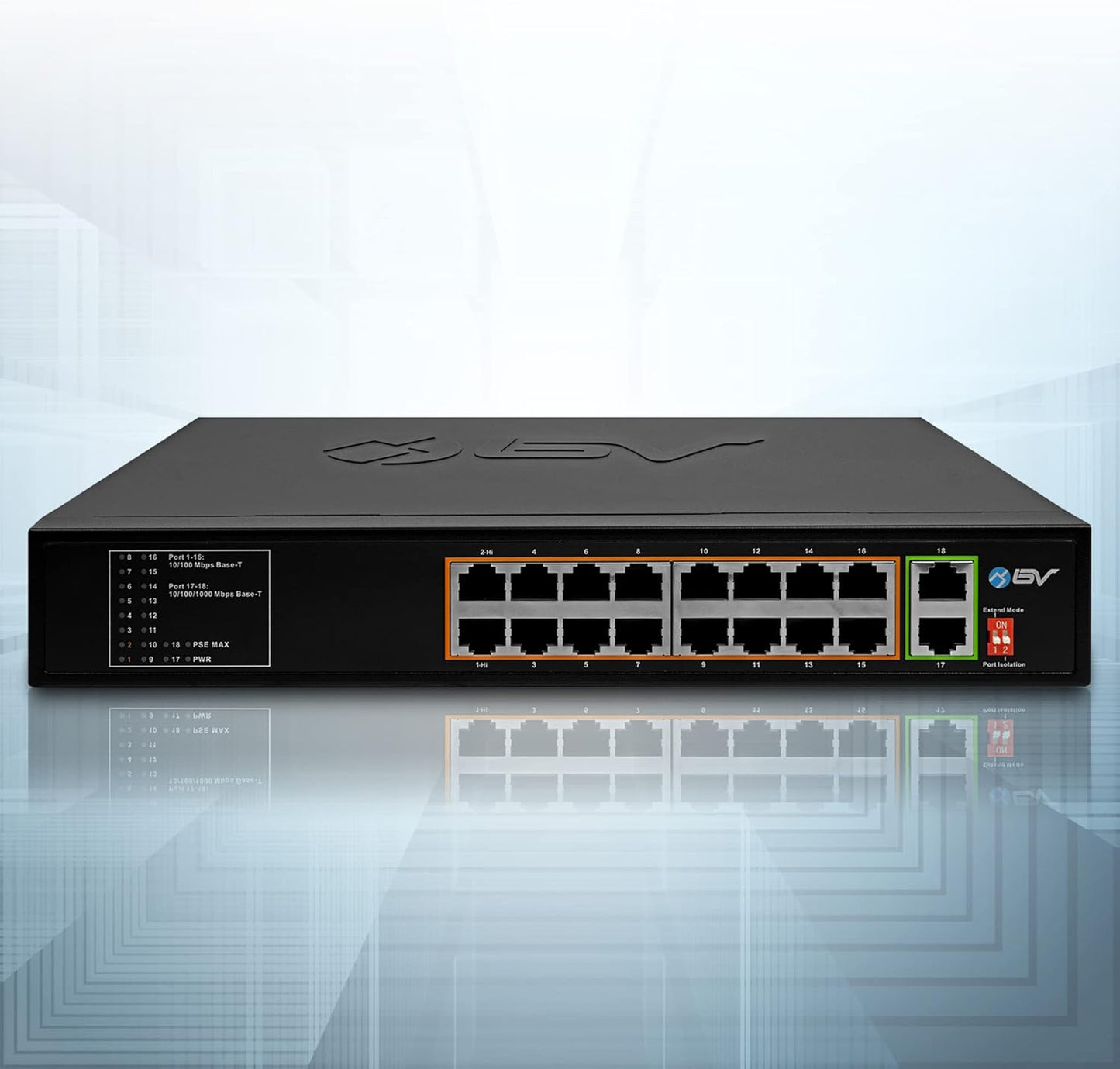 BV-Tech 18 Ports Long Range PoE+ Switch (16 PoE+ Ports | 2 Gigabit Ethernet uplink) - 19" Rackmount - 135W - 802.3af/at -Desktop Design for Easy Set Up