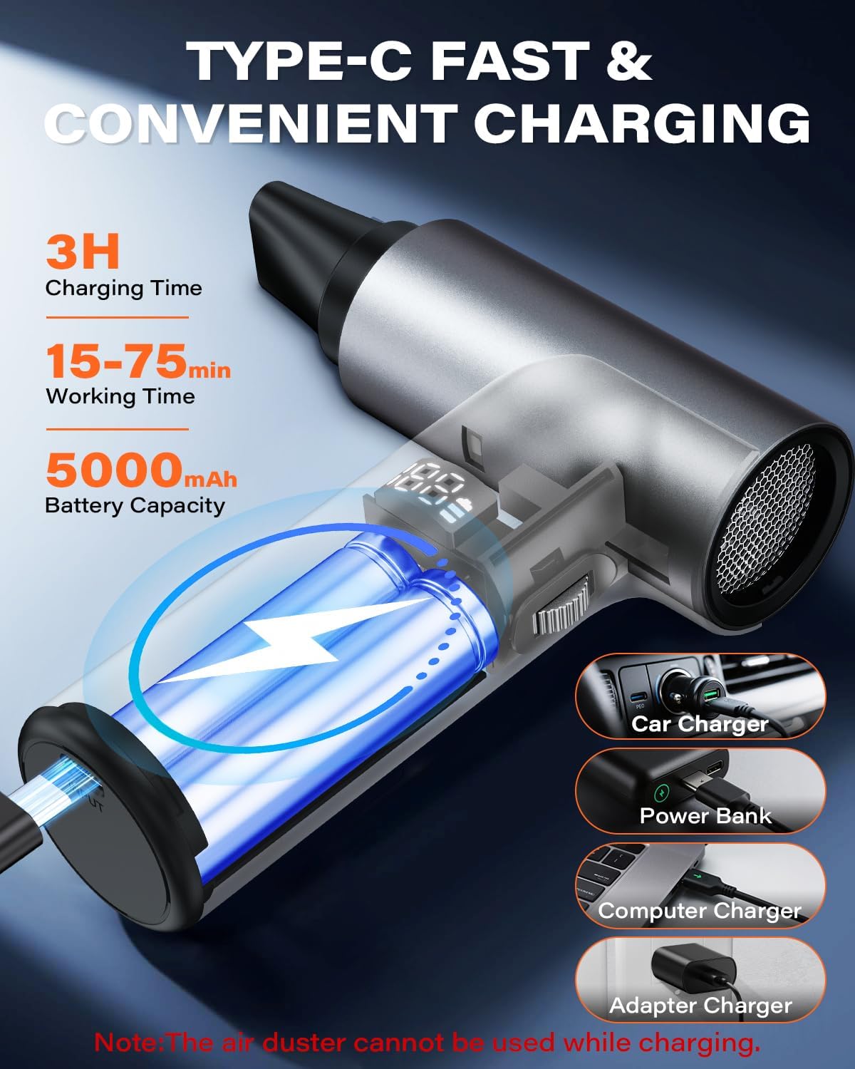 APPS2Car Electric Air Duster Upgraded 11-Speed Adjustable Mini Compressed Air Duster with 130,000RPM Brushless Motor, Rechargeable Cordless Turbo Blower for Computer, Keyboard, PC, House, Outdoor, Car