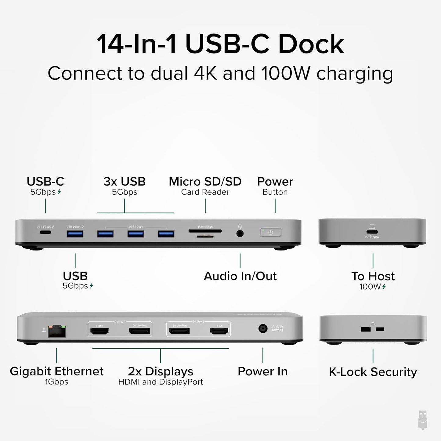 Plugable USB C Laptop Docking Station, Dual Monitor 4K 60Hz for Apple Mac M1/M2/M3/M4, 2X HDMI or 2X DisplayPort, 100W Charging DisplayLink Dock, 2 Displays for MacBook, Driver Required (UD-6950PDH)