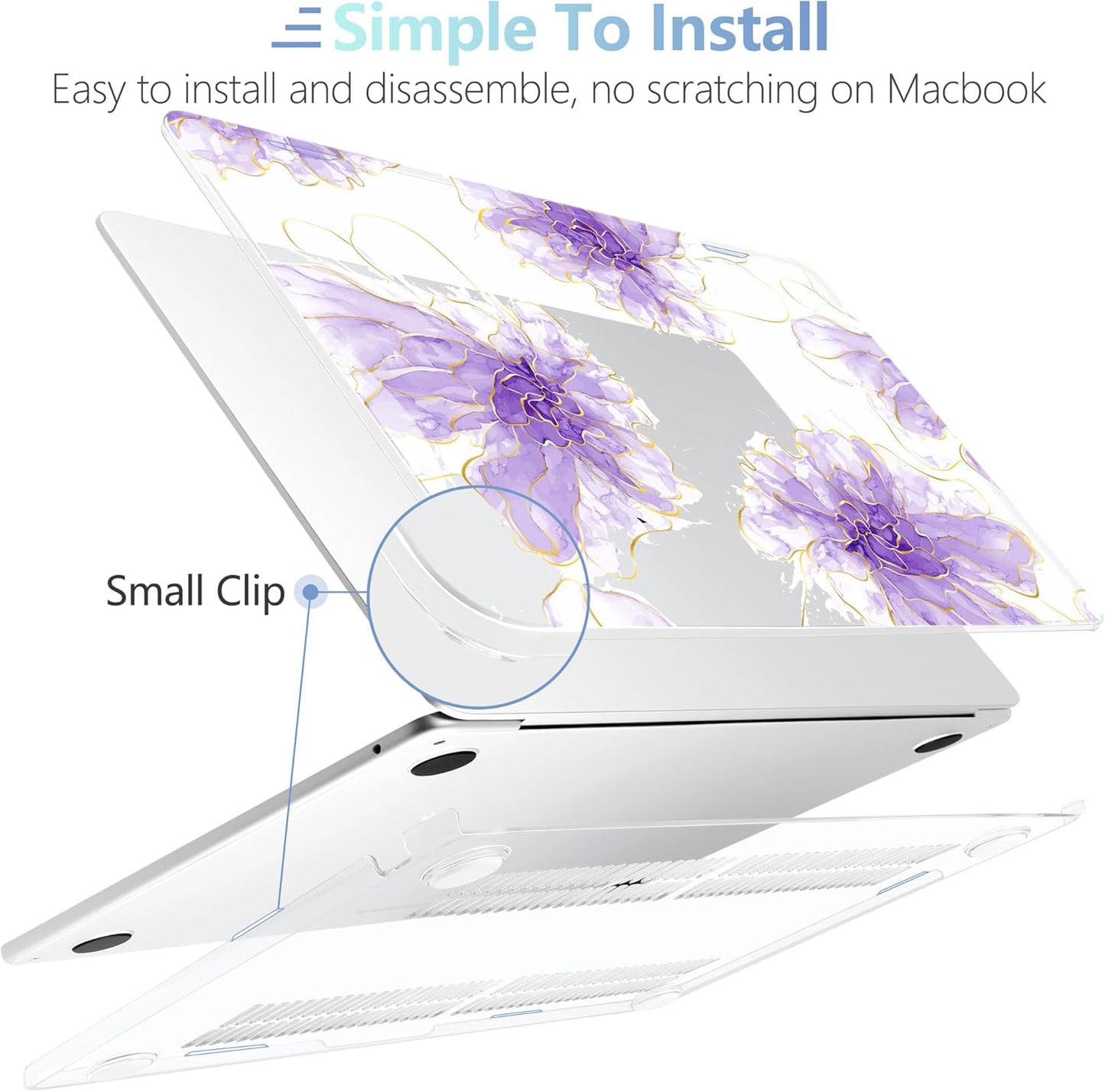 MEEgoodo Case for MacBook Air M4/M3/M2 13.6 inch 2025 2024 2022, Fit Model A3240 A3113 A2681, Compatible with MacBook Air 13 inch, Laptop Hard Shell Case with Keyboard Cover, Purple Ink Flower