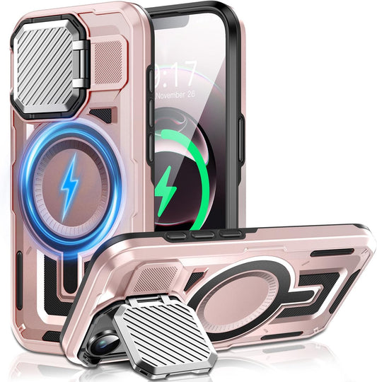 Camera Stand Case for iPhone 16E, [Compatible with Mag Safe] [Lens Cover] 2024 Version Military Grade Protective Soft Case for iPhone 16E 6.3 inch Men Women, Pink