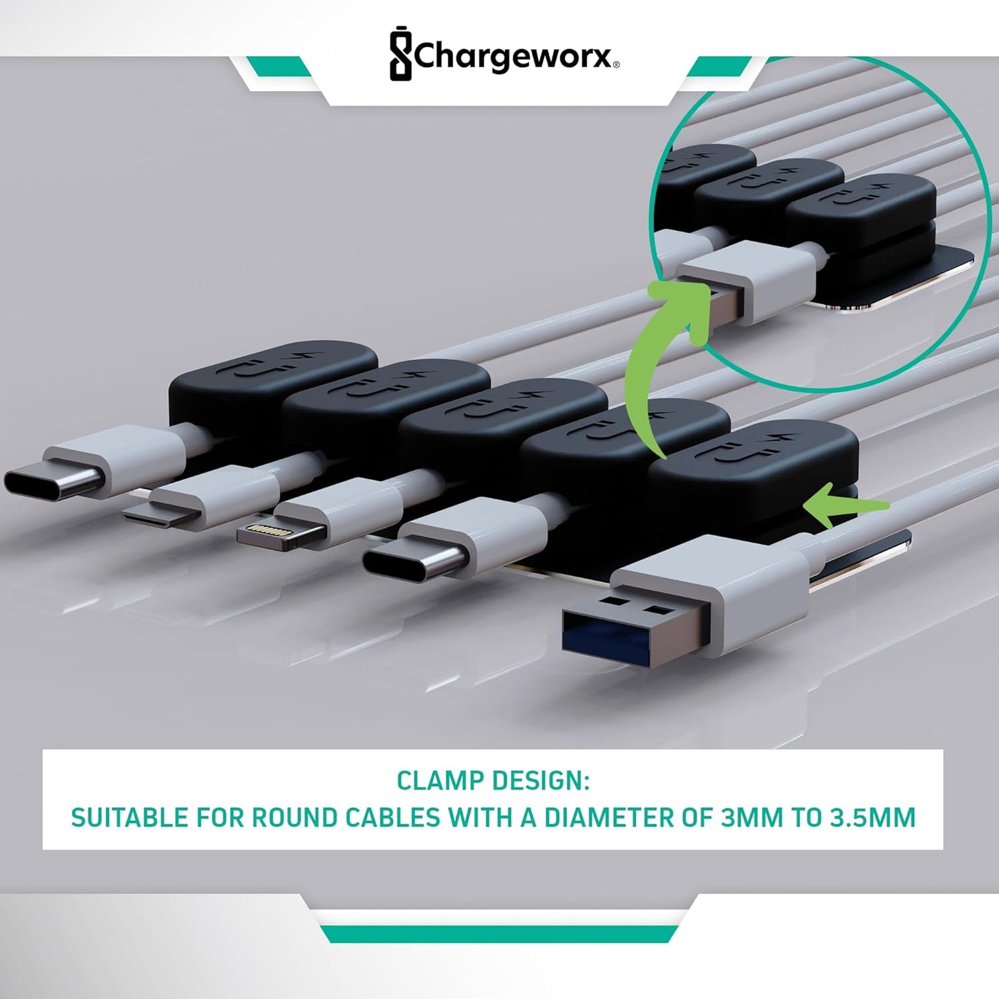 Chargeworx Magnetic Cable Holder for Cable Management – Multipurpose Desktop Cable Management System, 20-PK, Great for USB-C, Lightning, Micro-USB & Other Cables – Sticks to Any Surface (20-PK Black)