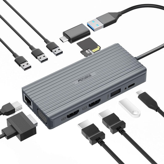 DisplayLink Docking Station Dual Monitor, Mosirui12-in-1 USB 3.0 to USB C Hub with Dual HDMI,VGA,USB3.0,Ethernet,PD120W for MacBook M1/M2/M3/M4Pro/Air Dell HP Lenovo,Windows Laptops