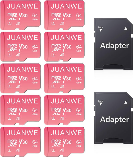 JUANWE 10 Pack 64GB Micro SD Card 64 GB Memory Card MicroSDXC SD Card 64GB TF Cards UHS-I A1 U3 V30 for 4K Video Recording (10 Pack, Pink)