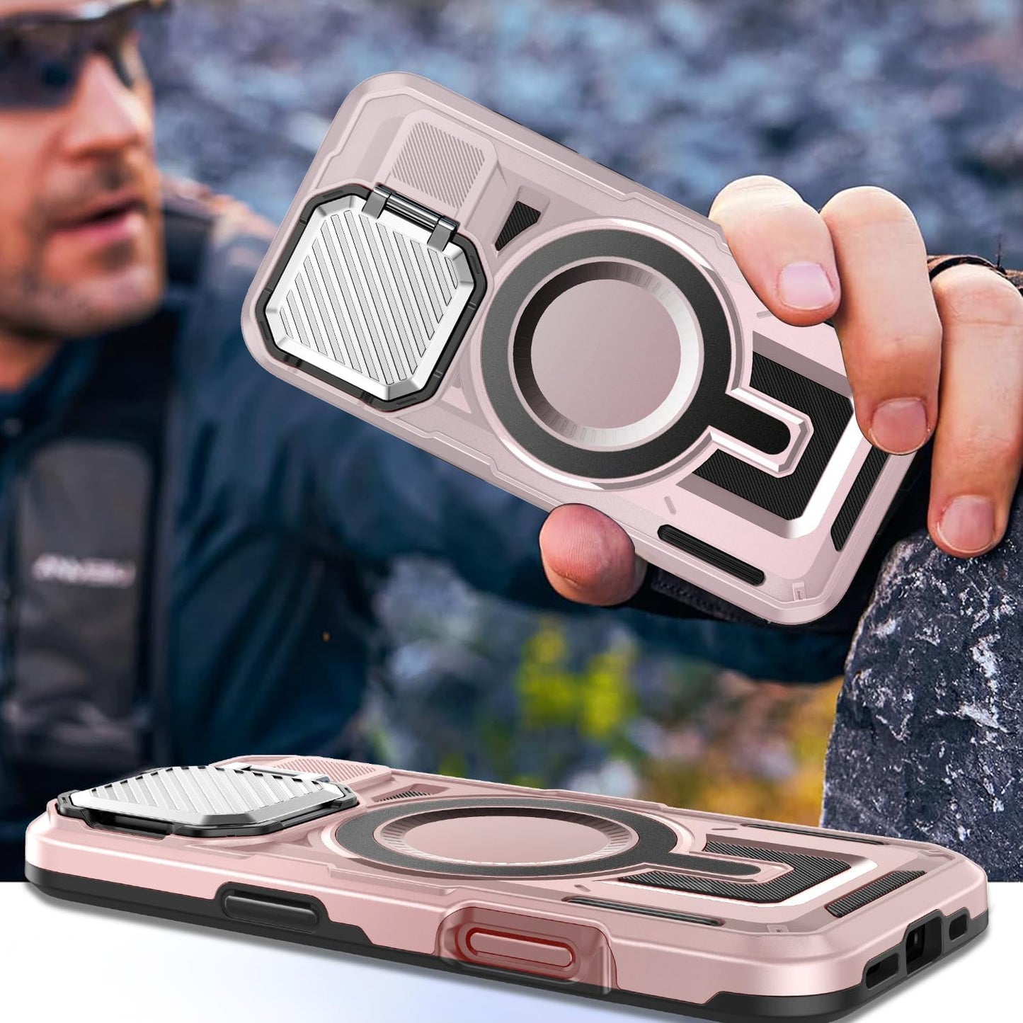 Camera Stand Case for iPhone 16 Plus, [Compatible with Mag Safe] [Lens Cover] 2024 Version Military Grade Protective Soft Case for iPhone 16 Plus 6.7 inch Men Women,Pink