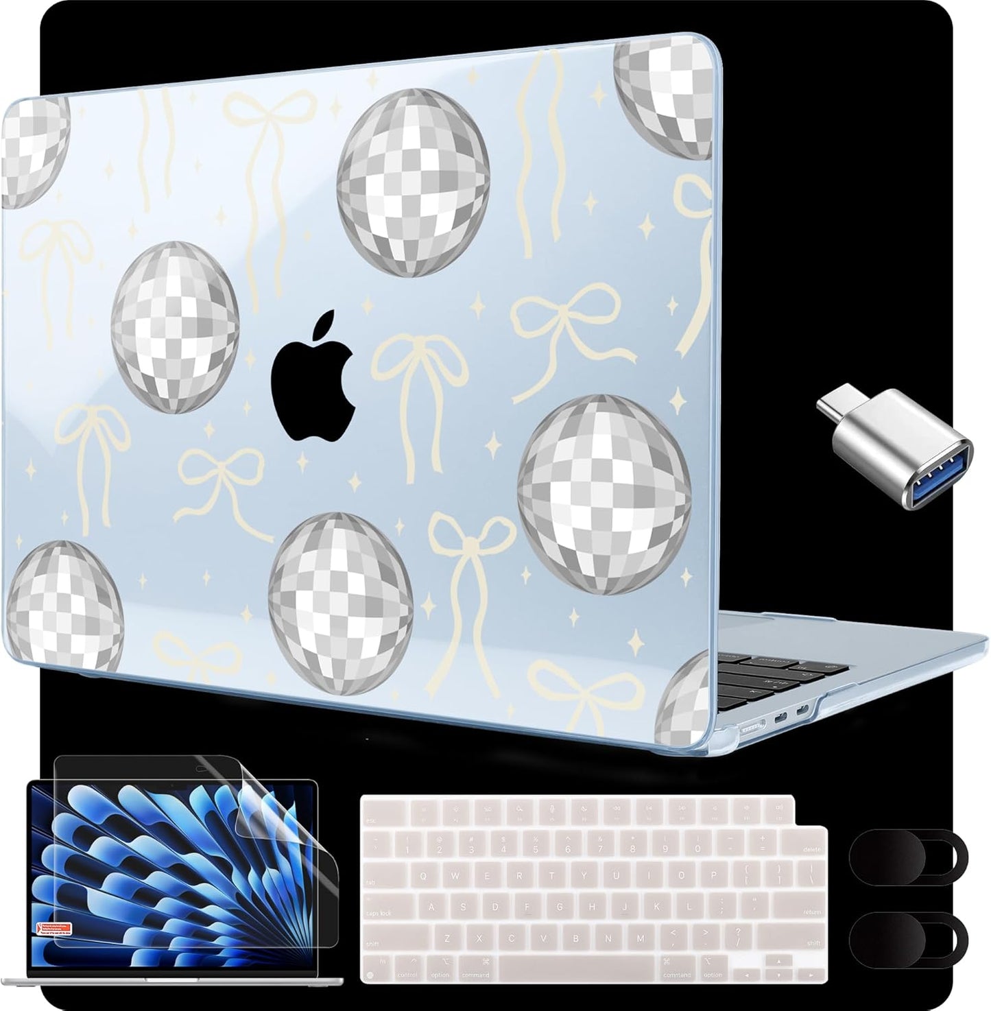 MEEgoodo for M4/M3/M2 MacBook Air 15.3 inch Case 2025 2024 2023, Case Fit Model (A3241/A3114/A2941) for MacBook Air 15 inch, Laptop Hard Shell with Keyboard Cover, Silver Disco Balls & Bows