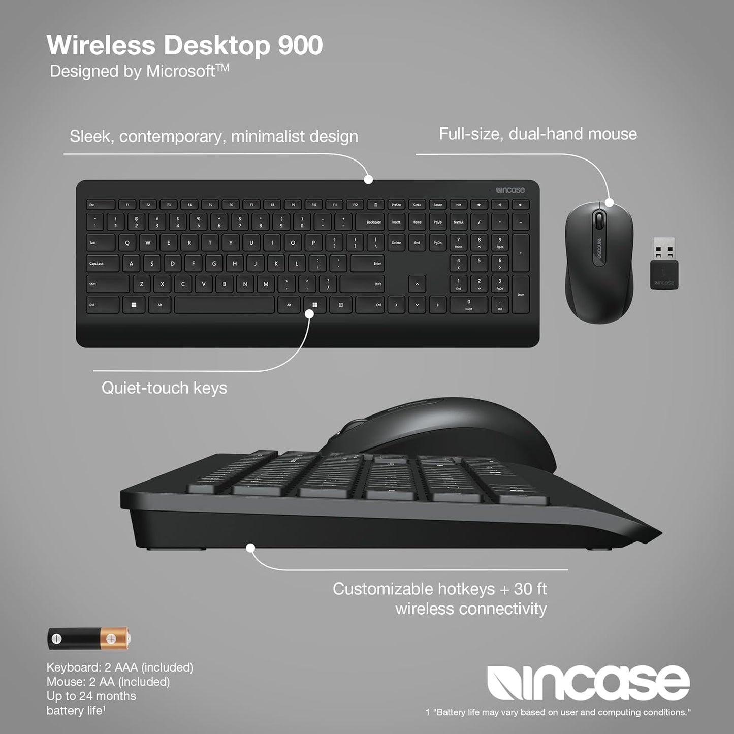 Incase Wireless Desktop 900 Keyboard and Mouse Combo - Designed by Microsoft – Quiet Touch Keys, Ambidextrous Design, Customizable Hotkeys, Two Year Battery Life – Black
