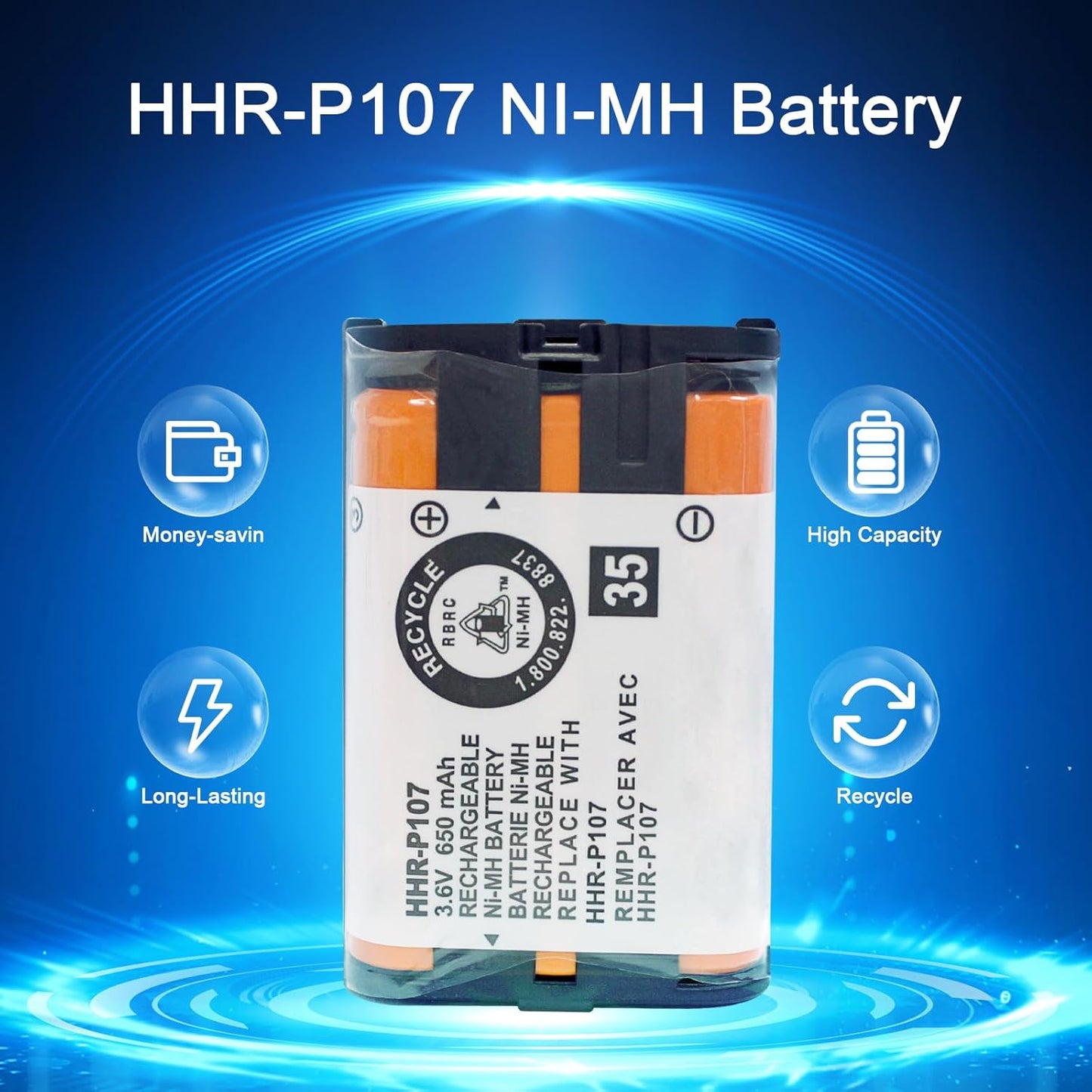 4Pack HHR-P107 NI-MH Rechargeable Battery 3.6V 650mAh for Cordless Phones